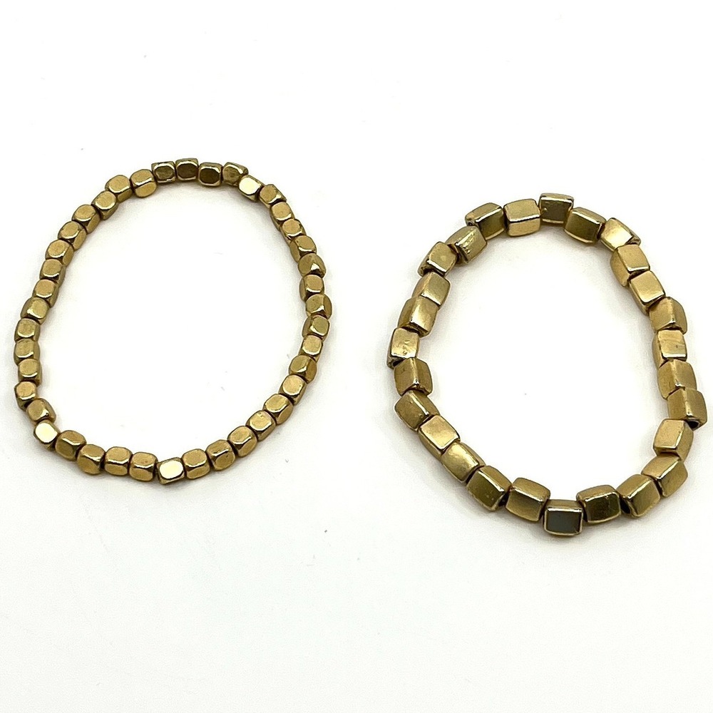 Vintage Retro Gold Tone Cube Bead Stretch Bracelet Set - Boho Minimalist 2pc